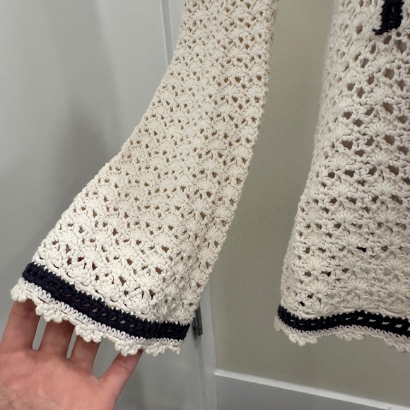 Tory Burch Ivory Crochet Knit Navy Trim V-Neck Tunic Large Resort Wear Preppy - Picture 6 of 9